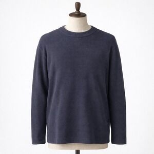 Z Zegna Navy Blue Textured Wave Knit Cotton Blend Sweater Made in Italy Large